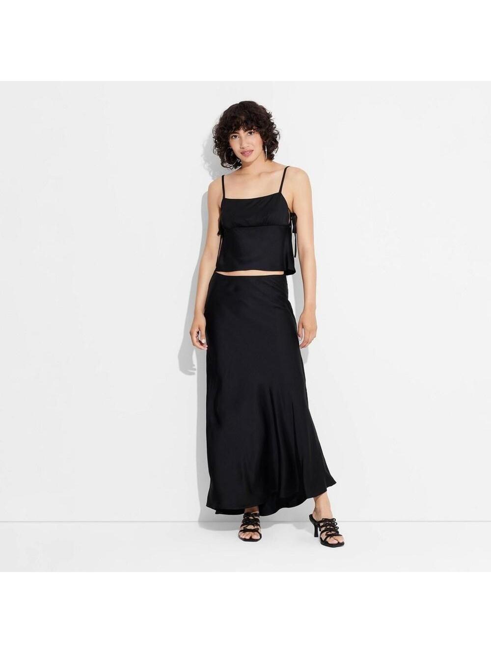 097 Wild Fable Black Satin Trumpet Maxi Skirt (Size Large)